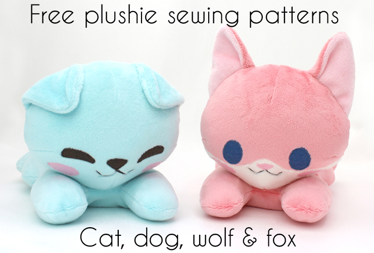 Free plush sewing pattern: Cat, dog, fox, wolf laying stuffed animals